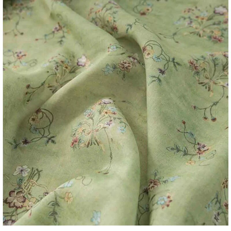 Tissu ramie fleuri vert style chinoiserie au mètre