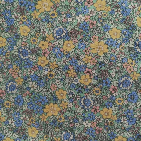 Popeline de coton à fleurs au mètre de Longan Craft France : tissu 100 % coton à imprimé floral dense jaune, bleu et rose sur fond clair - idéal pour le quilting, les peignoirs, les chemises et les nappes.