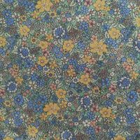 Popeline de coton à fleurs au mètre de Longan Craft France : tissu 100 % coton à imprimé floral dense jaune, bleu et rose sur fond clair - idéal pour le quilting, les peignoirs, les chemises et les nappes.
