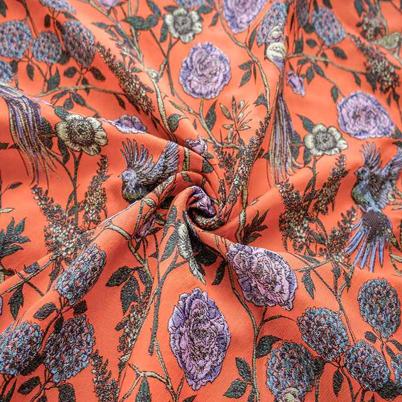 Tissu brocart fleurs et oiseaux au mètre