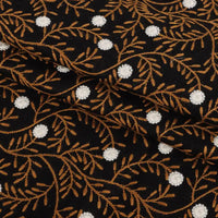 Tissu lin coton brodé floral au mètre | Lin noir brodé de fleurs
