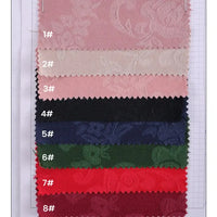 Huit carrés rectangulaires de Damassé de coton à motif floral de Longan Craft France, disposés verticalement et étiquetés 1#-8#, présentent un jacquard floral en rose clair, beige, rose, noir, bleu marine, vert, rouge et rouge foncé.