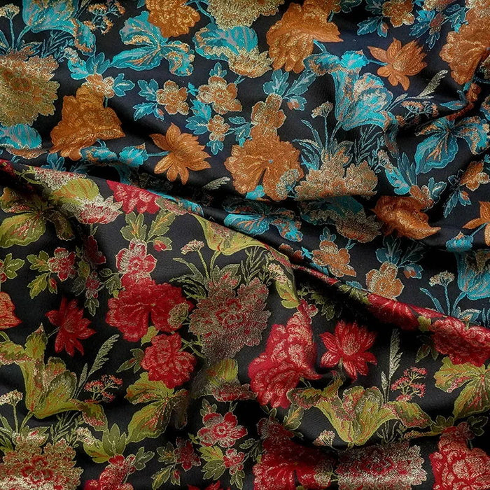 Tissu brocart brodé de fleurs rouges au mètre