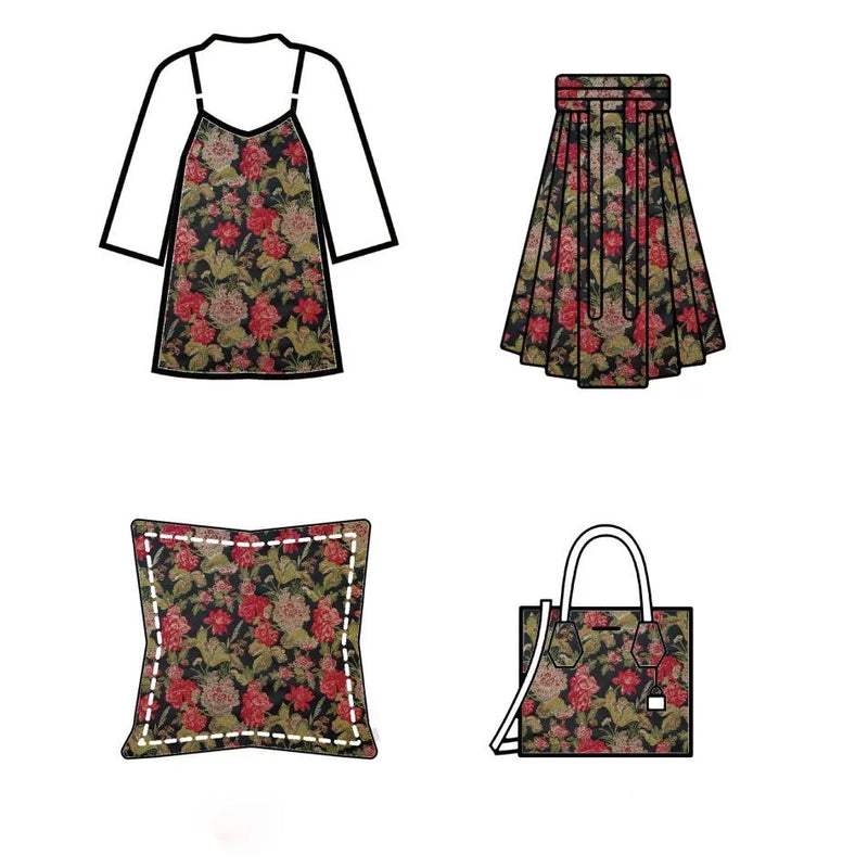 Tissu brocart brodé de fleurs rouges au mètre