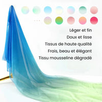 Longan Craft France présente "Mousseline transparente dégradée au mètre" - un tissu mousseline dégradé transparent et léger en bleu et vert, un tissu mousseline transparent dégradé élégant, lisse et de haute qualité.