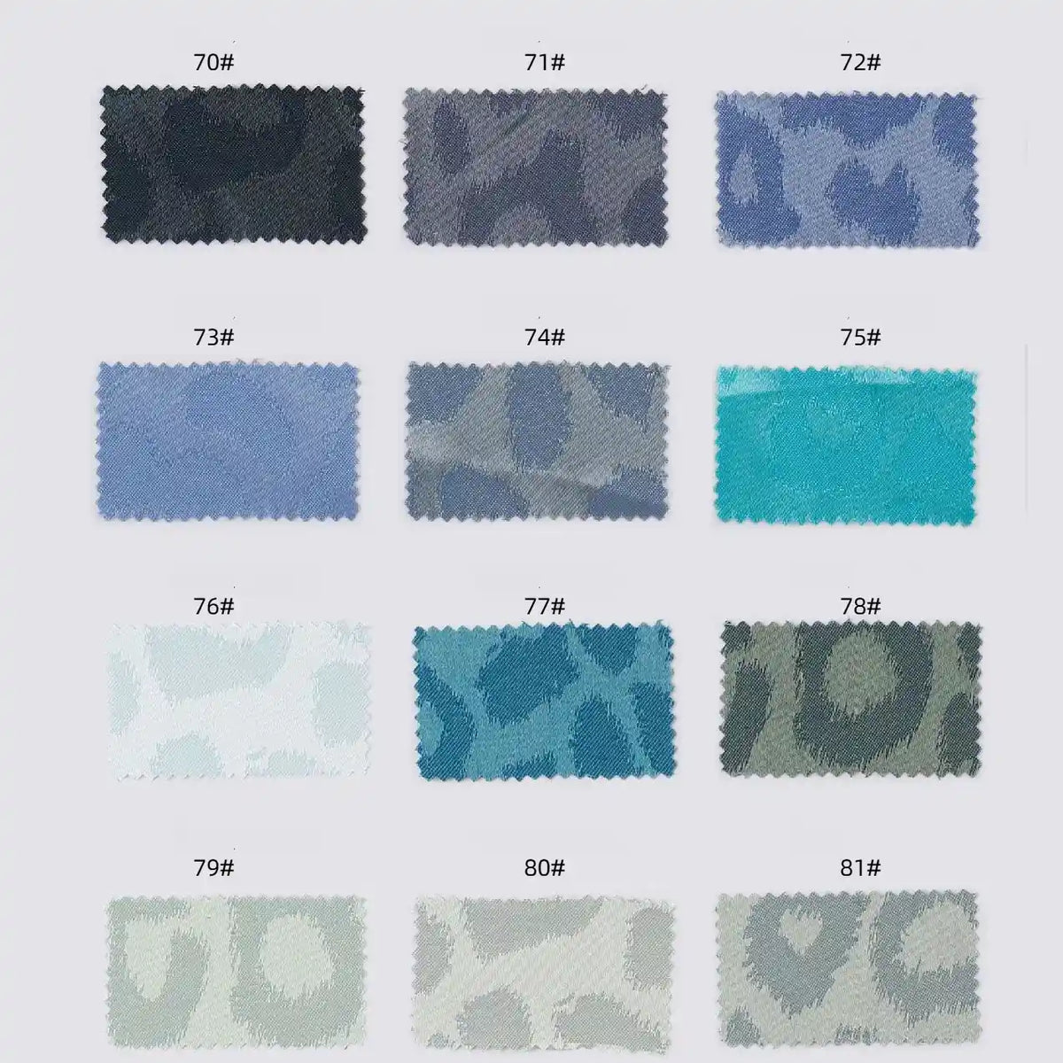 Quinze échantillons rectangulaires de tissu satiné jacquard léopard de Longan Craft France, étiquetés 70#-81#, sont présentés sur trois rangées. La sélection présente des motifs animaliers multicolores, un textile satiné idéal pour les chemises DIY.