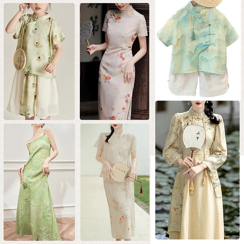 Un collage présente six femmes en robes chinoises pastel, certaines avec des éventails. Une tenue en tissu en lin imprimé vintage chinoiserie (au mètre) de Longan Craft France est présentée à plat sans modèle.