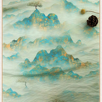 Le tissu en lin-lyocell de style chinoiserie vintage de Longan Craft France présente des motifs de montagnes bleu et or avec des couches brumeuses, des petits arbres et des motifs. Une pomme de pin et une fleur ronde séchée sont placées en haut à droite pour la décoration.