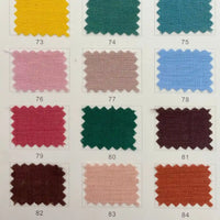 Un tableau présente douze pièces rectangulaires multicolores en tissu lin viscose au mètre de Longan Craft France, étiquetées 73-84, bordées de zigzags, idéales pour les vêtements d'été, disposées en trois rangées et quatre colonnes.