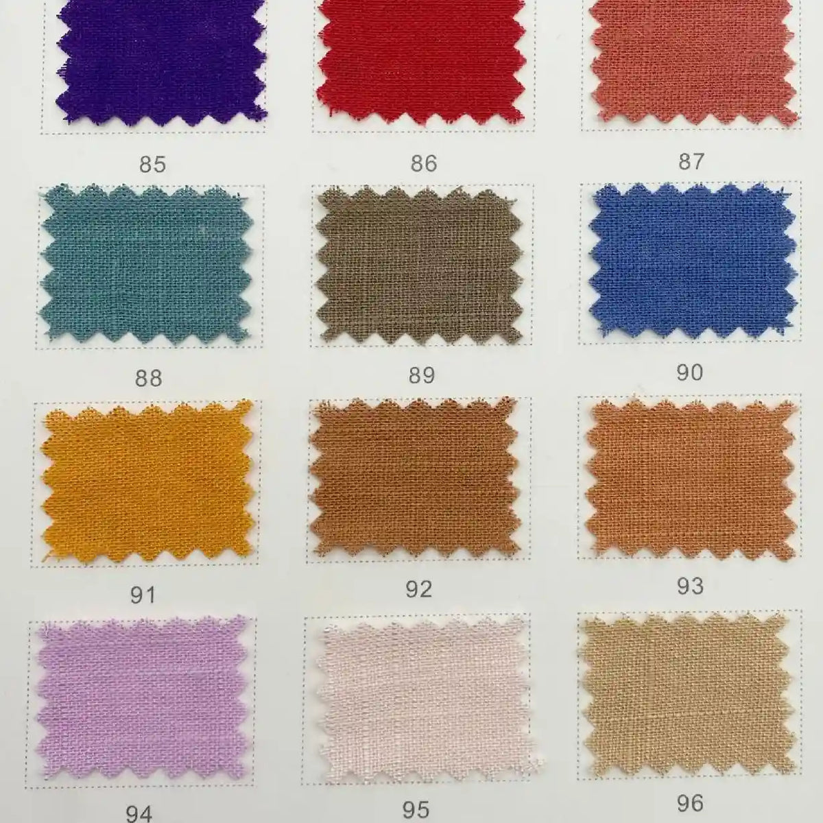 Une grille de douze échantillons (85-96) en violet, rouge, bleu et pêche montre le "Tissu lin viscose au mètre" de Longan Craft France, un mélange de viscose et de lin multicolore idéal pour les robes d'été et les vêtements d'été.