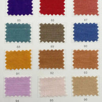Une grille de douze échantillons (85-96) en violet, rouge, bleu et pêche montre le "Tissu lin viscose au mètre" de Longan Craft France, un mélange de viscose et de lin multicolore idéal pour les robes d'été et les vêtements d'été.