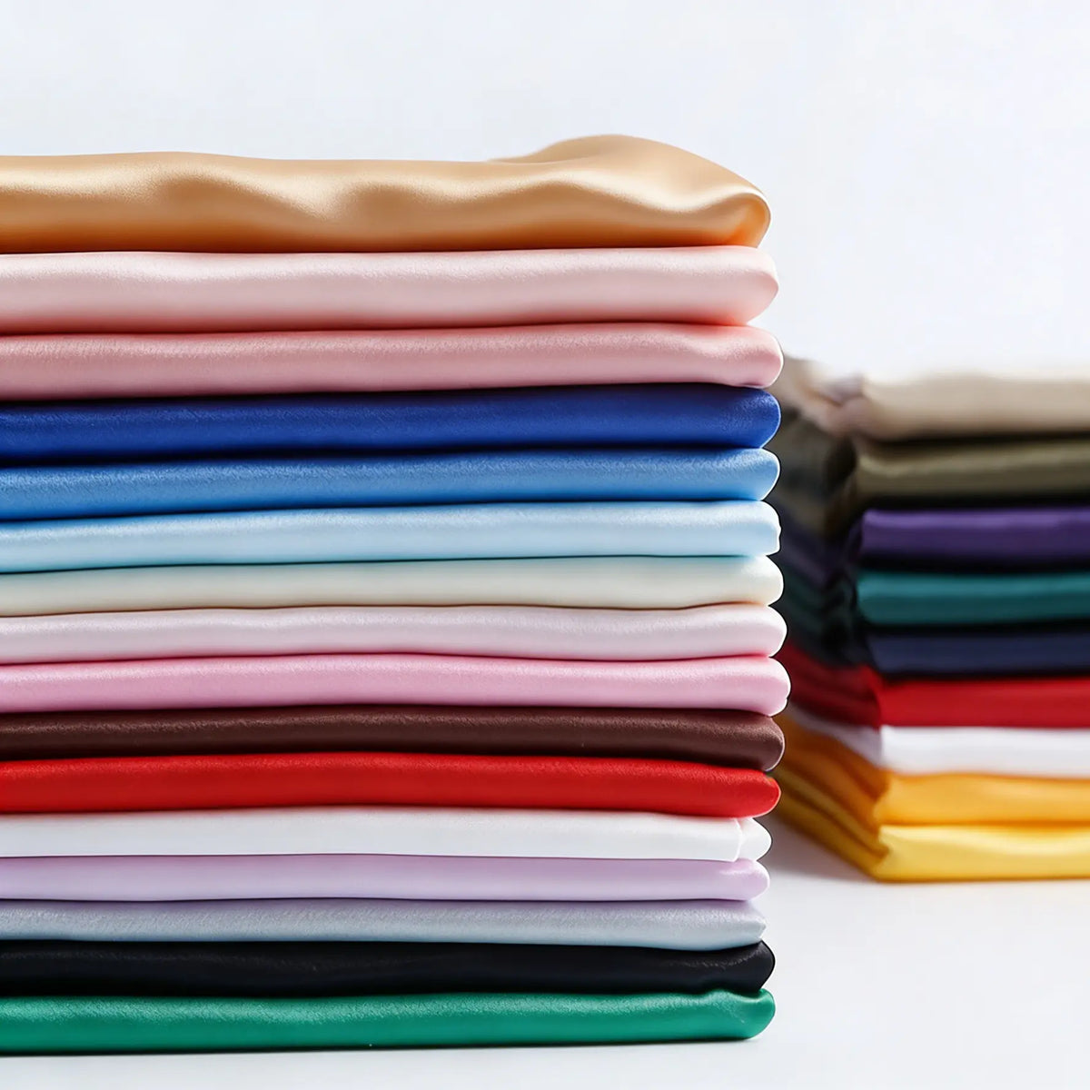 Une pile de Longan Craft France Tissu satin mat uni au mètre dans des couleurs unies - beige, rose, bleu, rouge, vert et blanc - avec d'autres piles de tissus à l'arrière-plan sur la droite.