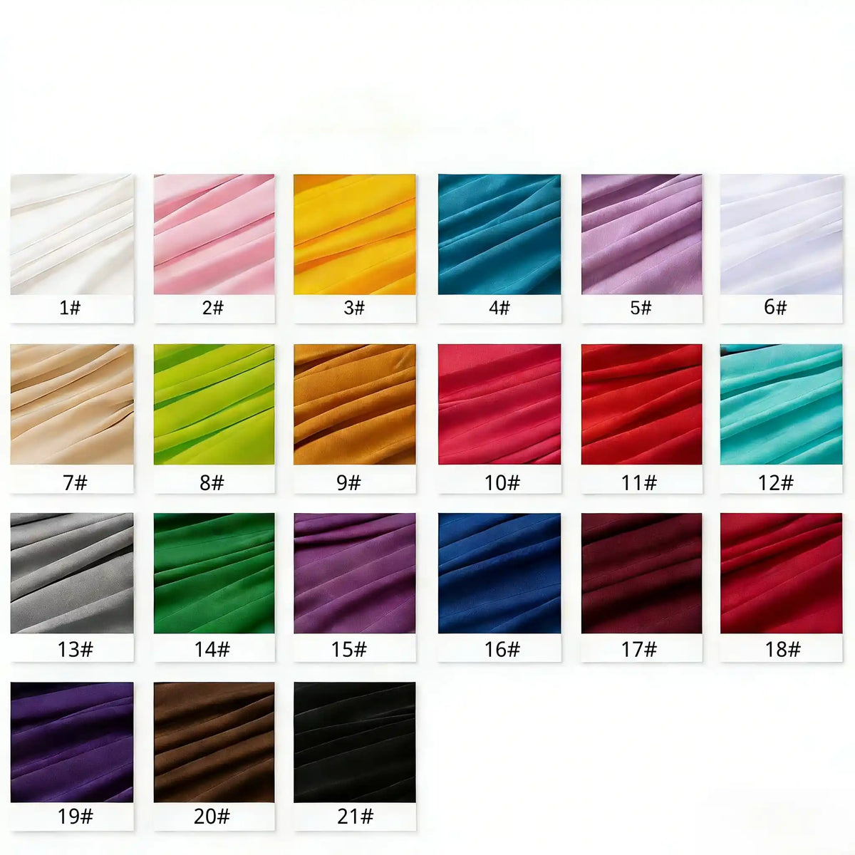 Un tableau présente 21 échantillons de tissus numérotés, dont le blanc, le rose, le jaune, le vert, le rouge, le violet, le bleu, le marron, le gris et le noir, tous fabriqués à partir de Tissu jersey polyester multicolore au mètre par Longan Craft France.