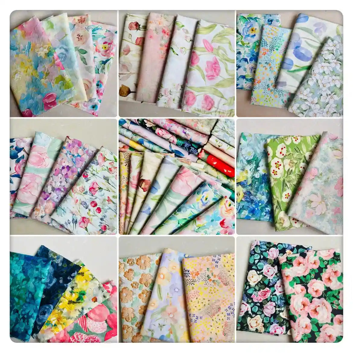 Une grille de douze images présente des ensembles de Linon de coton imprimé multicolore au mètre par Longan Craft France, présentant des motifs floraux vibrants sur un tissu de coton doux, tous disposés proprement sur un fond clair.