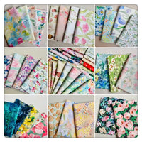 Une grille de douze images présente des ensembles de Linon de coton imprimé multicolore au mètre par Longan Craft France, présentant des motifs floraux vibrants sur un tissu de coton doux, tous disposés proprement sur un fond clair.