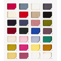 Une grille de 28 échantillons multicolores de Satin de viscose de Longan Craft France, numérotés de 1 à 28 sur quatre lignes et sept colonnes, met en valeur ce tissu 100 % viscose - idéal pour les robes de soirée - sur un fond blanc.