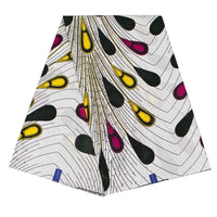 Le Tissu Ankara imprimé plume de paon au mètre de Longan Craft France est un tissu wax africain 100 % coton avec motif plume coloré, idéal pour créations DIY de hauts et autres projets couture.
