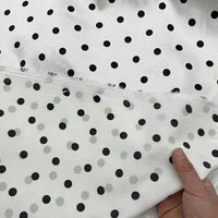 Gros plan sur le tissu en soie extensible à pois au mètre de Longan Craft France, une soie imprimée avec élasthanne d'inspiration vintage, en blanc et noir, partiellement voilée par une couche transparente à pois alors qu'une main en soulève délicatement le bord.