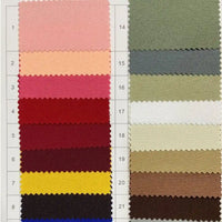 Un tableau d'échantillons de tissu de Longan Craft France présente 21 échantillons numérotés de Tissu gabardine 100 % polyester au mètre en rose, rouge, jaune, bleu, gris, vert, blanc et marron, disposés en trois colonnes verticales.