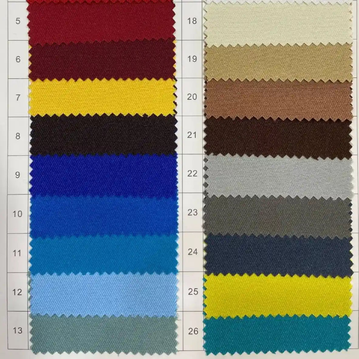 Le tableau des échantillons de gabardine de Longan Craft France présente 26 échantillons de tissu polyester numérotés en deux colonnes : rouges, jaunes et bleus à gauche ; beiges, bruns, gris, bleus et jaunes à droite - idéal pour créer des costumes ou des vestes élégantes.