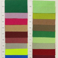 Un tableau avec des échantillons numérotés de Tissu gabardine 100% polyester de Longan Craft France : la colonne de gauche montre des rouges, des roses, des bruns, des gris, des jaunes néon ; la colonne de droite montre des verts, des jaunes et des bruns - idéal pour les gilets élégants ou les uniformes.