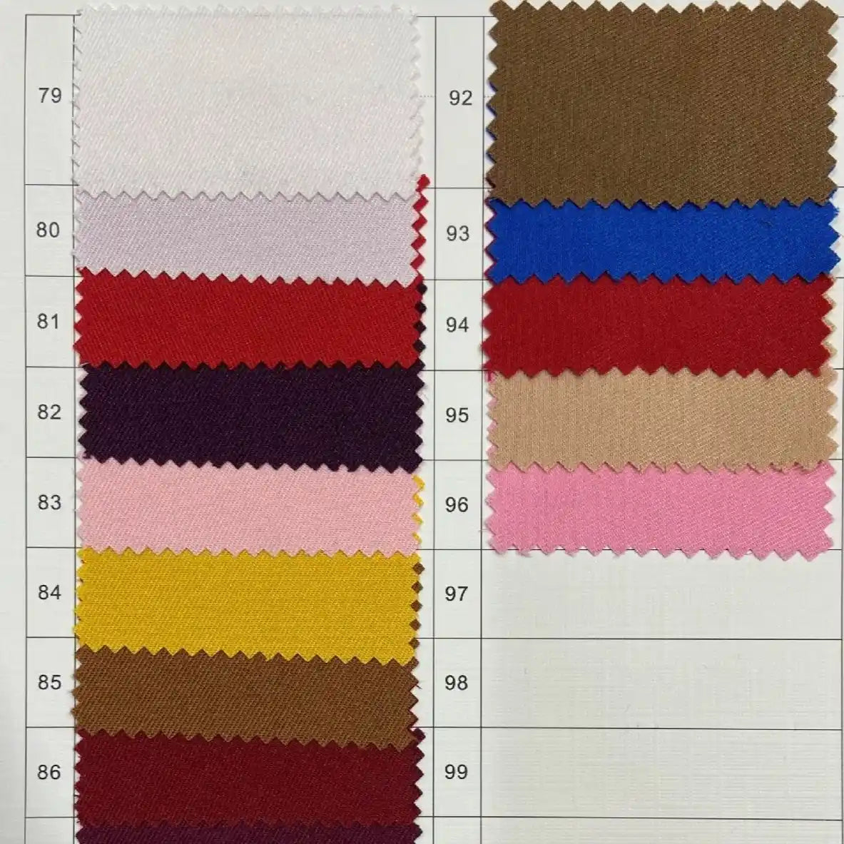 Un tableau de Longan Craft France présente 18 échantillons de Tissu gabardine 100% polyester au mètre dans des couleurs assorties, disposés en trois colonnes. Chaque échantillon est numéroté de 77 à 99 sur les côtés de l'image.