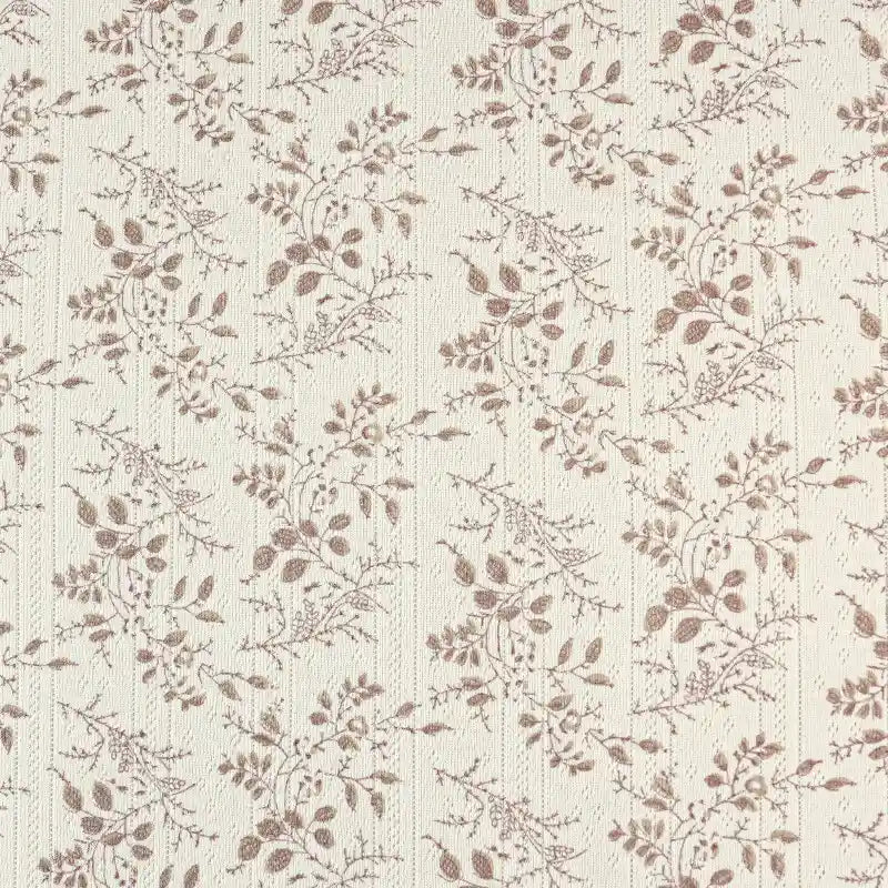 Tissu pointelle en coton imprimé au mètre de Longan Craft France : une maille délicate à motif floral beige et marron, idéale pour la couture DIY de vêtements d'enfants, apportant douceur et charme avec sa finition raffinée.