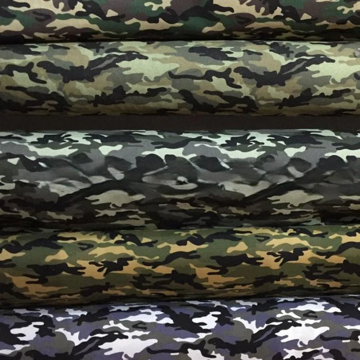 Longan Craft France propose du tissu toile imprimé camouflage au mètre, idéal pour vêtements, bagages, sacs à main, tentes et plus. Disponible en motifs verts, bruns, noirs et blancs pour vos projets créatifs en polyester-coton.