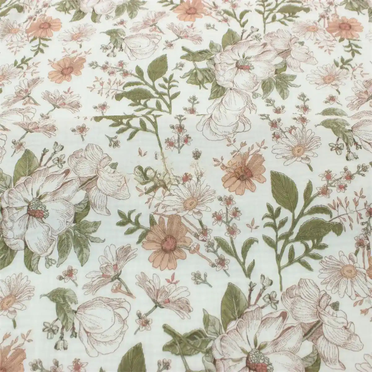 Découvrez le tissu Double gaze à fleurs rétro au mètre de Longan Craft France : 100 % coton, motifs vintage de fleurs roses, crème et vert sur fond clair. Idéal pour créations bébé avec ses détails raffinés et son style charmant.