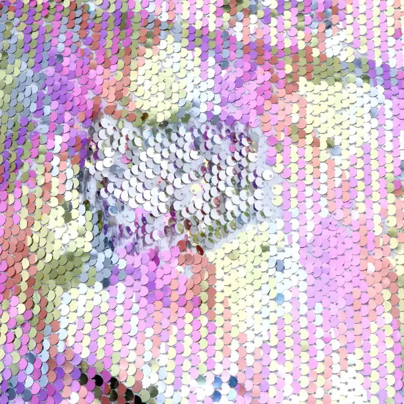 Un gros plan du tissu pailleté bicolore réversible au mètre de Longan Craft France montre des paillettes réversibles en rose pastel, jaune et violet ; une pièce centrale révèle le support blanc duveteux sous le tissu scintillant.