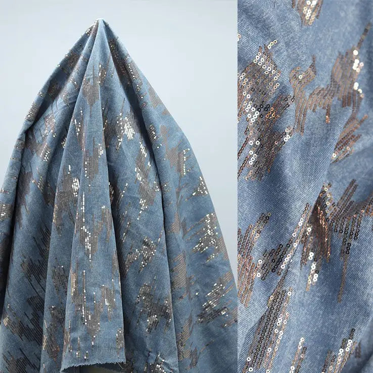 Tissu denim brodé de sequins brillants au mètre | Denim lavé avec broderie coton