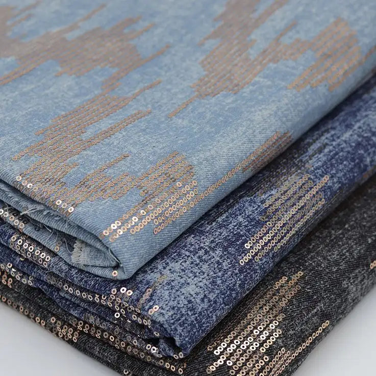 Tissu denim brodé de sequins brillants au mètre | Denim lavé avec broderie coton