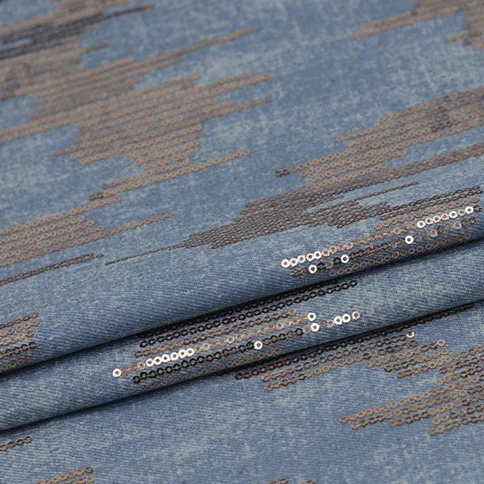 Tissu denim brodé de sequins brillants au mètre | Denim lavé avec broderie coton
