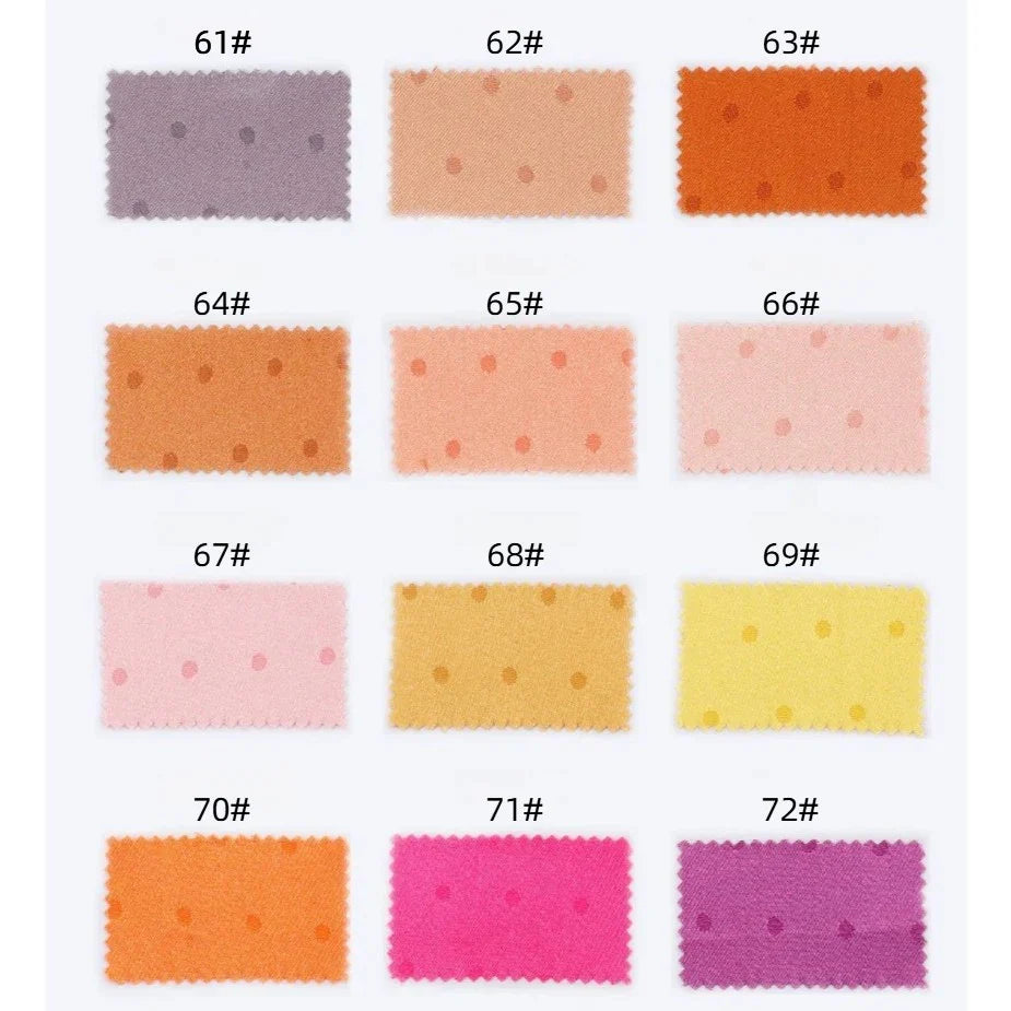 Un ensemble de 12 échantillons rectangulaires (61#-72#) du jacquard Tissu en satin à petits pois de Longan Craft France, présentant des points multicolores dans les tons violet clair, pêche, orange, jaune et rose, disposés trois par quatre.