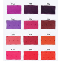 Quatorze échantillons de tissu en satin jacquard de Longan Craft France (Tissu en satin jacquard à petits pois au mètre) dans les tons violet, rose, rouge et orange sont étiquetés 73#-84#, chacun présentant des points multicolores et des bords en zigzag.