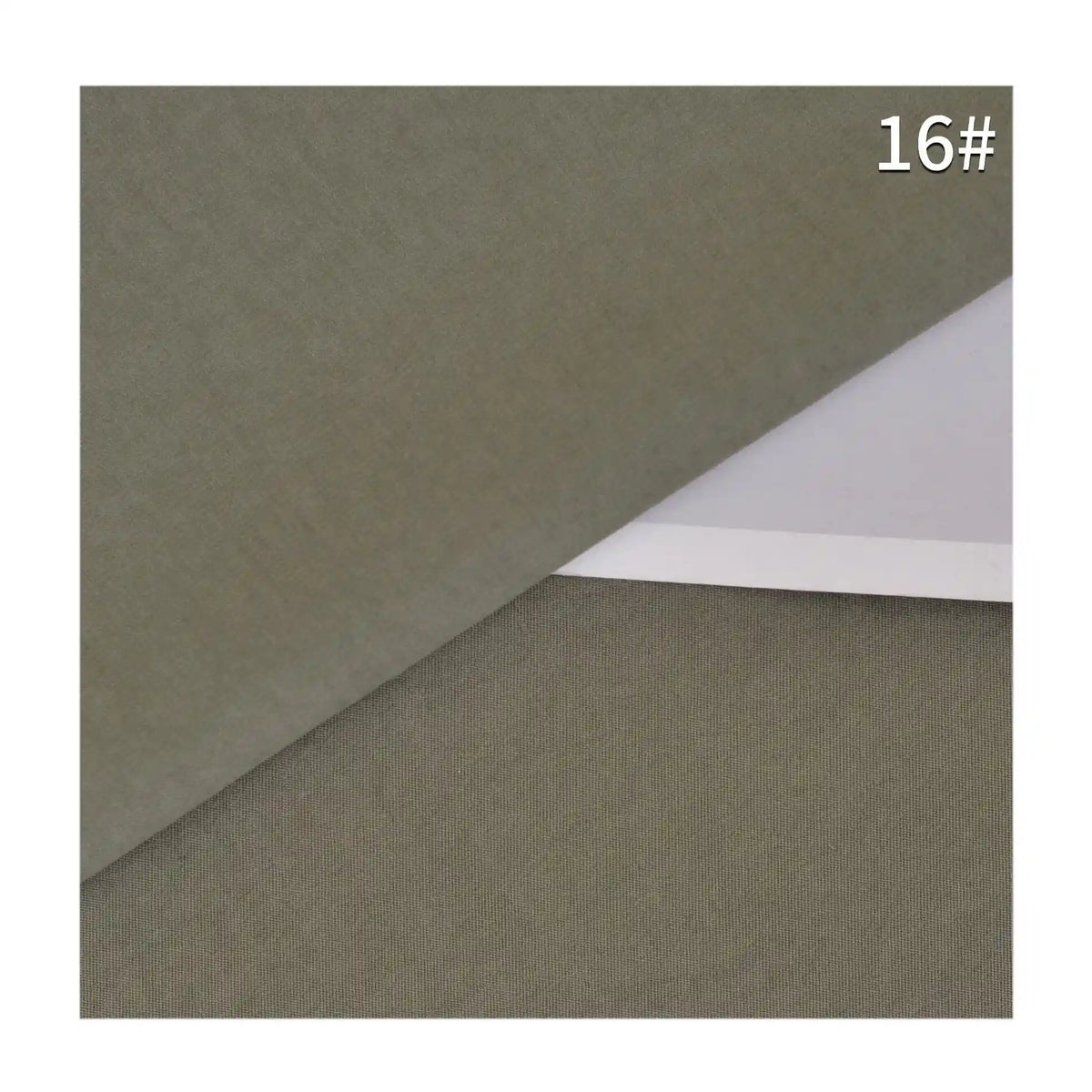 Un gros plan de Tissu peau de pêche uni double face au mètre de Longan Craft France, de couleur vert olive, est présenté en diagonale sur une feuille de papier blanc, avec la mention "16#" dans le coin supérieur droit.