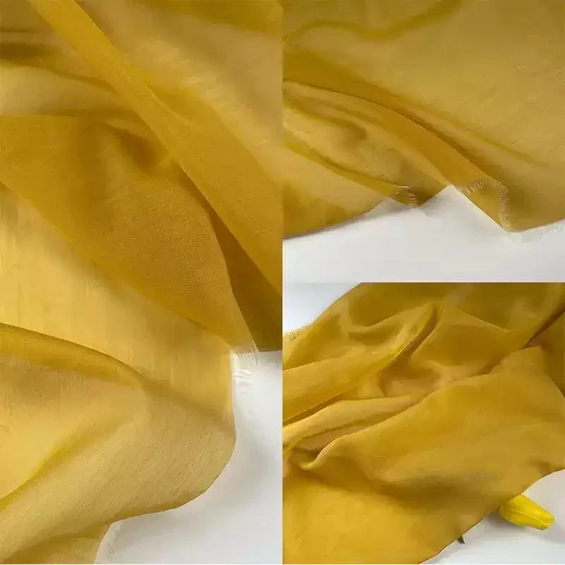 Trois vues en gros plan du Tissu lin et soie uni au mètre jaune moutarde de Longan Craft France, un fin mélange de lin, de lyocell et de soie, posé sur du blanc pour mettre en valeur sa texture douce et son drapé fluide, idéal pour la décoration d'intérieur.