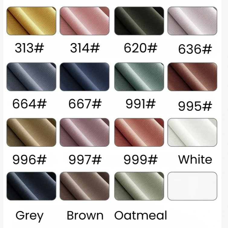 Un nuancier présente 16 échantillons de Jersey modal uni au mètre de Longan Craft France (numéros : 313#, 314#, 620#, 636#, 664#, 667# & neutres) - un textile coton-modal respirant, idéal pour les vêtements de nuit.