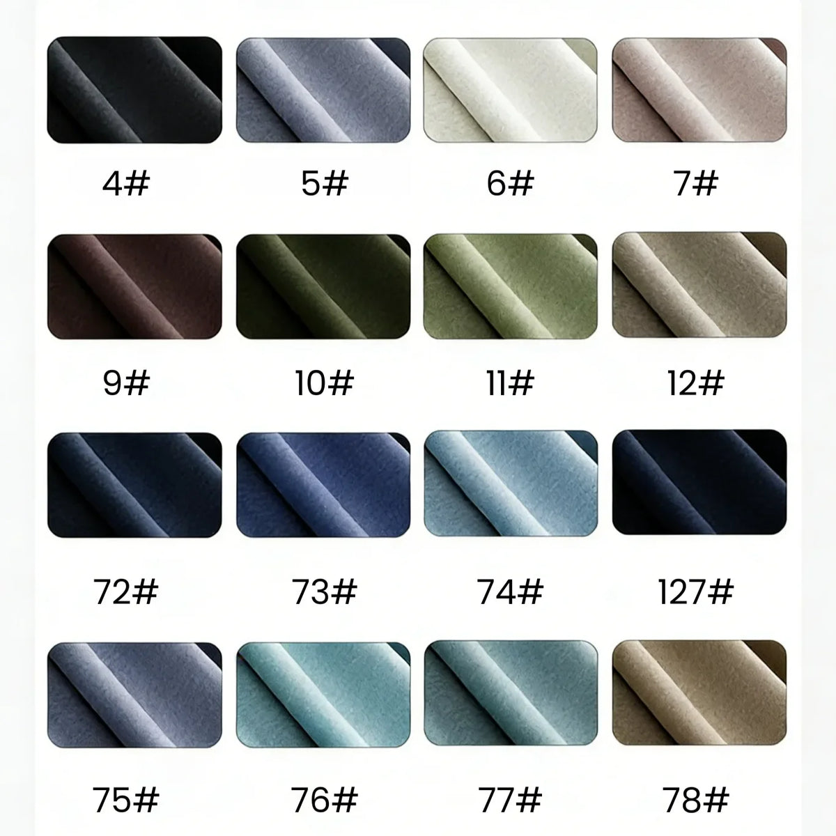 Un nuancier présente 16 échantillons de tissu sur quatre rangs, chacun étiqueté d'un numéro, présentant des nuances de Jersey modal uni au mètre de Longan Craft France-un tissu jersey coton-modal respirant, parfait pour les vêtements de nuit.