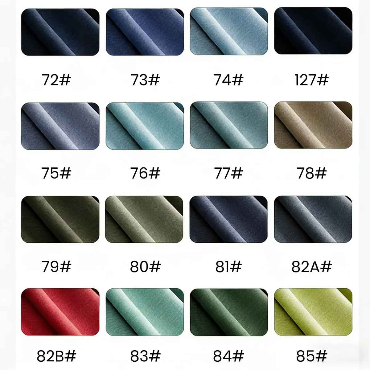 Un tableau présente quinze échantillons de Jersey modal uni au mètre de Longan Craft France, chacun dans une couleur unique avec un code (72#, 74#, 127#, etc.), idéal pour les vêtements de nuit grâce à ce tissu coton-modal respirant.