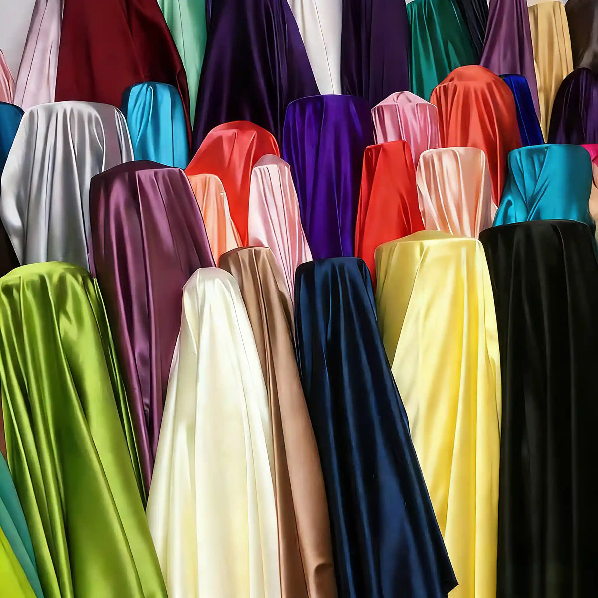 Les rouleaux de Tissu satin polyester uni au mètre de Longan Craft France sont présentés debout, chaque rouleau étant idéal pour les vêtements ajustés et confortables, drapés sur des supports dans des couleurs vibrantes comme le rouge, le violet, le jaune, le bleu, le vert et le beige.
