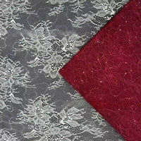 Gros plan sur deux tissus dentelle pailleté avec paillettes au mètre de Longan Craft France : l'un floral blanc sur maille noire, l'autre rouge avec un motif similaire, tous deux disposés en diagonale - parfaits pour les peignoirs et la lingerie.