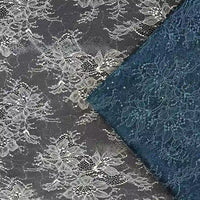 Deux pièces de tissu dentelle pailleté avec paillettes au mètre de Longan Craft France sont exposées : l'une noire avec des motifs floraux blancs, l'autre bleu marine, toutes deux se chevauchant partiellement et disposées en diagonale pour des projets de peignoirs et de lingerie.