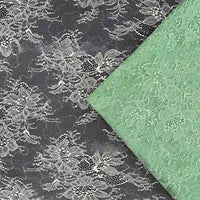 Deux pièces de Longan Craft France "Tissu dentelle pailleté avec sequins au mètre" : l'une noire avec des motifs floraux blancs, l'autre vert menthe avec des motifs assortis - deux tissus dentelle de qualité idéaux pour les robes de chambre et la lingerie.