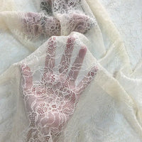 Une main est placée sous le tissu dentelle extensible au mètre de Longan Craft France, une dentelle multicolore de haute qualité pour les vêtements, la lingerie et les jupes. Le motif floral et le contour de la main restent clairement visibles à travers le tissu transparent.