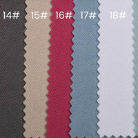 Cinq échantillons de tissu de différentes couleurs, étiquetés 14#, 15#, 16#, 17# et 18# de gauche à droite, présentent le Tissu gabardine imperméable au mètre de Longan Craft France, un textile durable et résistant à l'eau pour les vêtements de travail.