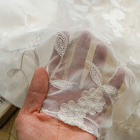 Une main tient un tissu mousseline transparente brodée de fleurs au mètre Longan Craft France, révélant la finesse du voilage et les détails élégants de la broderie, idéal pour créer des vêtements légers.