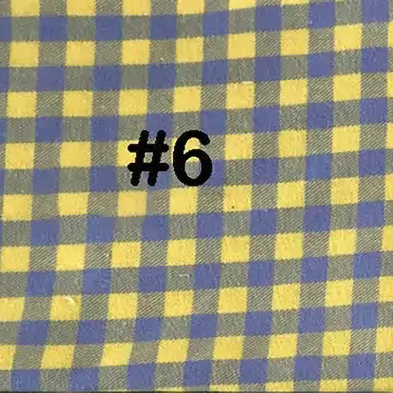Une "Flanelle de coton à carreaux colorés" bleu et jaune de Longon Craft France, 100% coton, avec "#6" imprimé en noir au centre - idéal pour les manteaux, les chemises, la couture et les projets d'ameublement.
