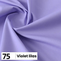 Gros plan sur la popeline de coton au mètre de Longan Craft France, de couleur violet clair, avec de légers plis. Dans le coin inférieur gauche, une boîte blanche indique "75" et "Violet lilas". Idéal pour les chemises, les robes, les doublures.