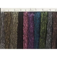 Dix échantillons du tissu lamé froissé au mètre de Longan Craft France, un tissu de costume en polyester métallisé brillant, sont numérotés de 1 à 10 sur fond blanc et présentent des nuances de bronze, noir, rose, violet, bleu, vert, gris et marron.